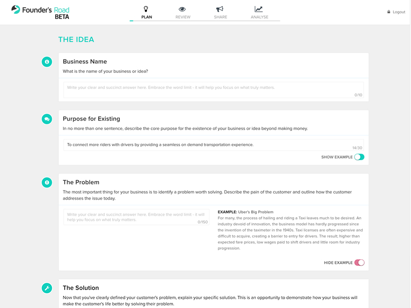 Founder's Road plan builder